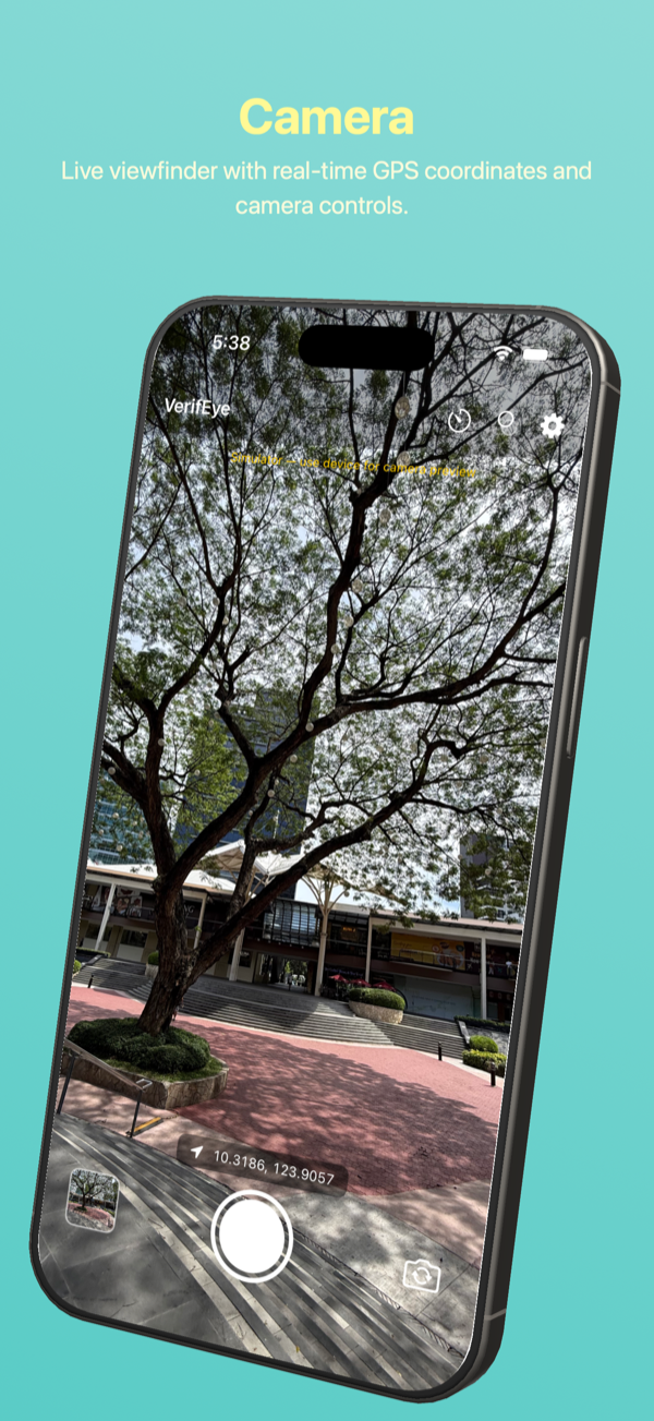 VerifEye camera view with live GPS coordinates