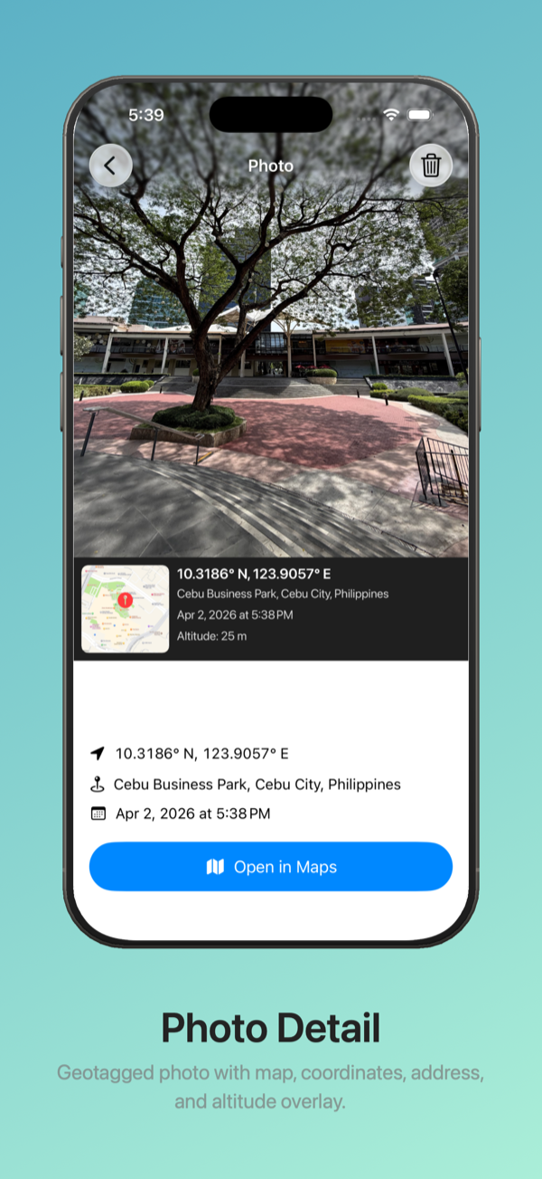 VerifEye photo detail showing map overlay, GPS coordinates, and address